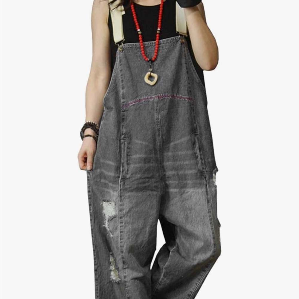 Women Casual Loose Cropped Denim Overalls Distressed Ripped Fringed/Pockets